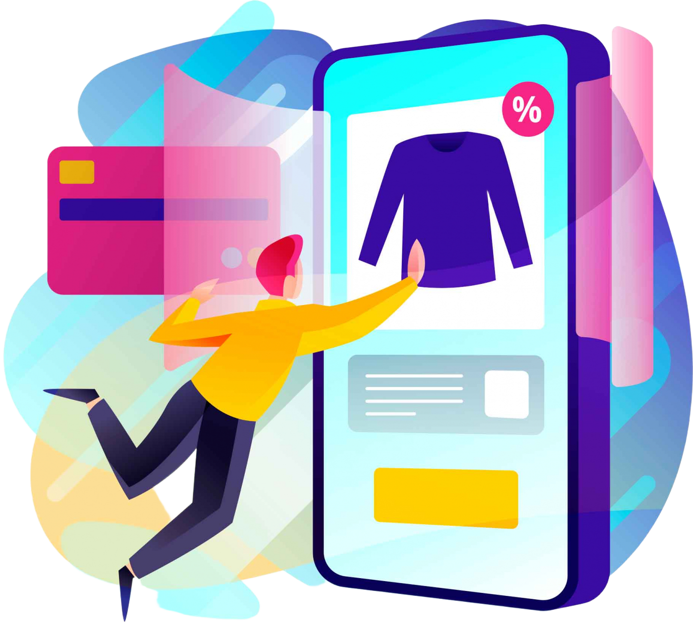 Shopper leaping toward a phone with a credit card — saving time and money.